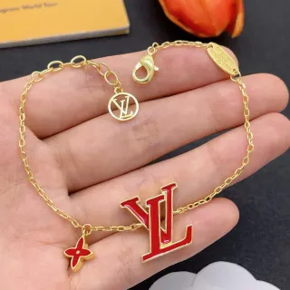 Louis Vuitton LV سوار سلسلة ذهبي رابط أحمر مينا شعار معلق سوار