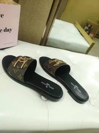 Louis Vuitton LV Slide Monogram Canvas Gold Buckle Slippers 5