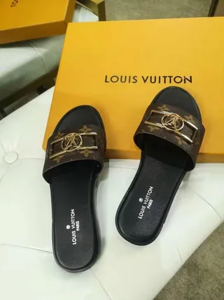 Louis Vuitton LV Slide Monogram Canvas Gold Buckle Slippers 6
