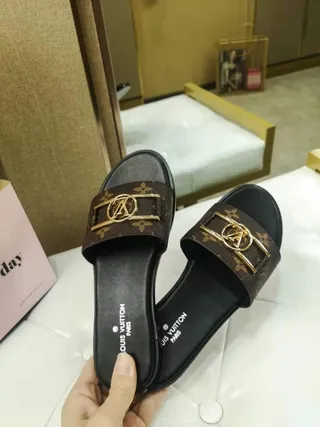 Louis Vuitton LV Slide Monogram Canvas Gold Buckle Slippers 7