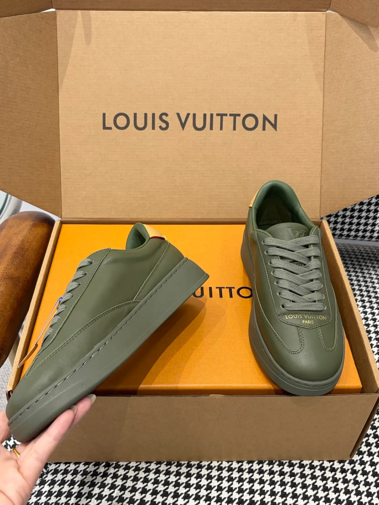 Louis Vuitton LV Trainer Army Green Beige Leather Upper Embossed Monogram Midsole Lifestyle Sneakers 6