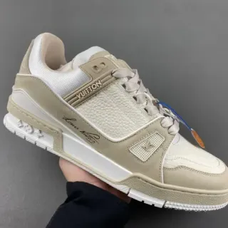 Louis Vuitton LV Trainer Beige White Layered Sole Textile And Pebbled Leather Upper Lifestyle Sneakers