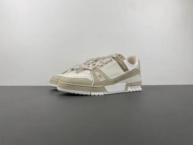 Louis Vuitton LV Trainer Beige Blanc Semelle multicouche Tissu et cuir grainé Sneakers Lifestyle 10