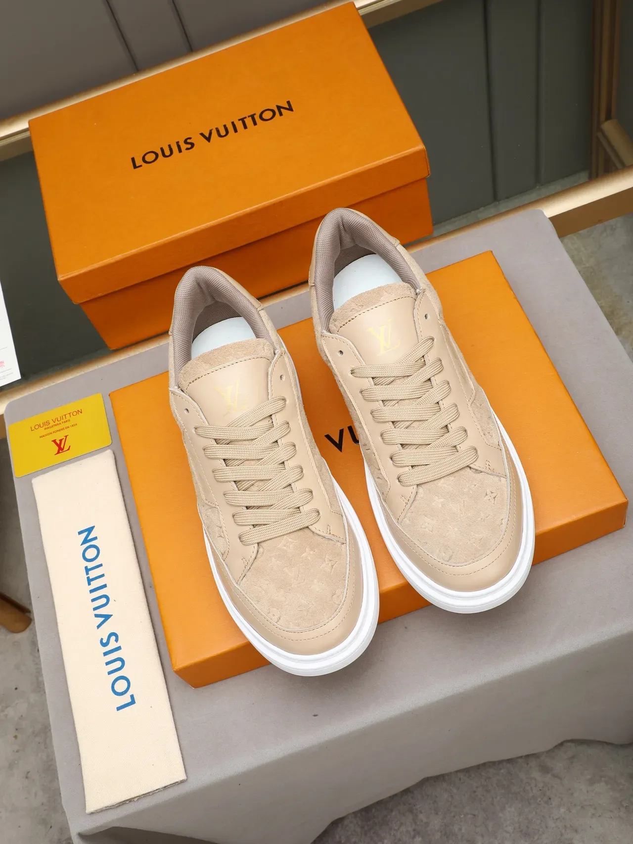 Louis Vuitton LV Trainer Beige White Monogram Suede Upper Smooth Leather Overlays Lifestyle Sneakers 2