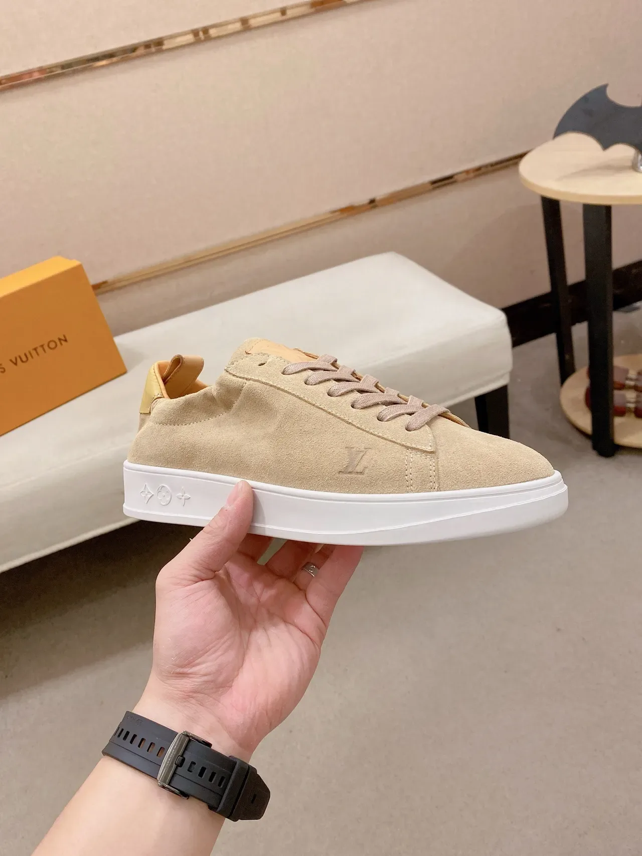 Louis Vuitton LV Trainer Beige White Suede Upper Embossed Monogram Lifestyle Sneakers 5