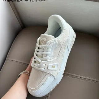 Louis Vuitton LV Trainer Beige White Textile Upper Monogrammed Overlays Lifestyle Sneakers