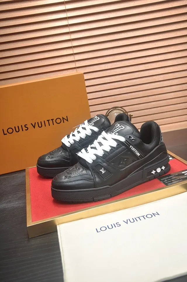 لويس فتون LV Trainer أسود أبيض كعب منصة سميك جلد علوي أحذية رياضية نمط حياة 4