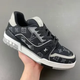 Louis Vuitton LV Trainer Preto Branco Estampa Monograma Parte Superior Denim Sola Esculpida Tênis Lifestyle