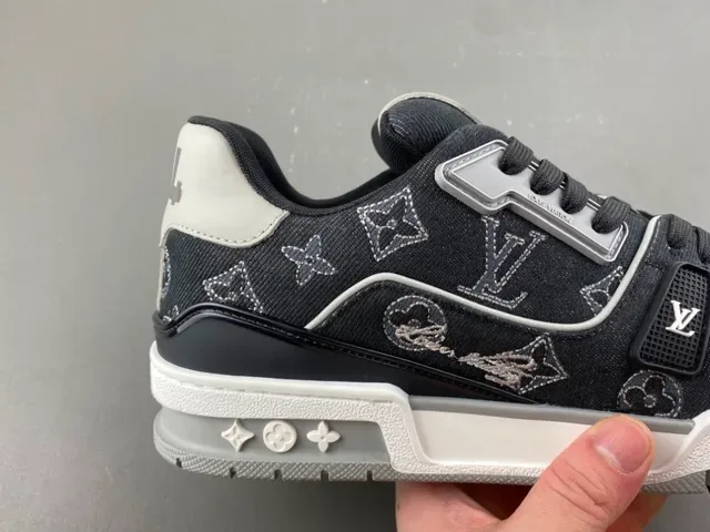 Louis Vuitton LV Trainer Black White Monogram-Print Denim Upper Sculpted Midsole Lifestyle Sneakers 3