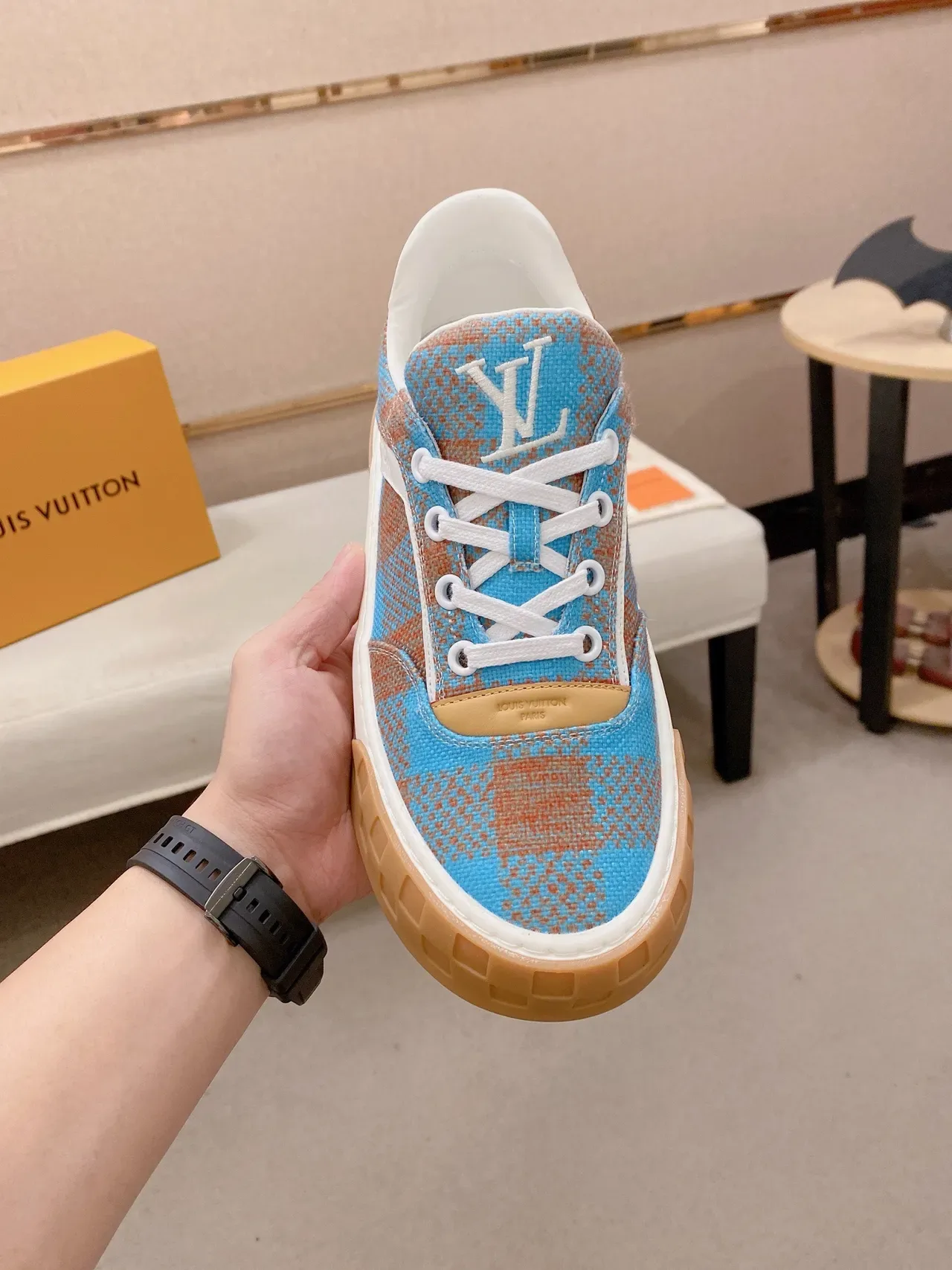 Louis Vuitton LV Trainer Blue Multicolor Checkered Textile Upper White Side Stripe Lifestyle Sneakers 2