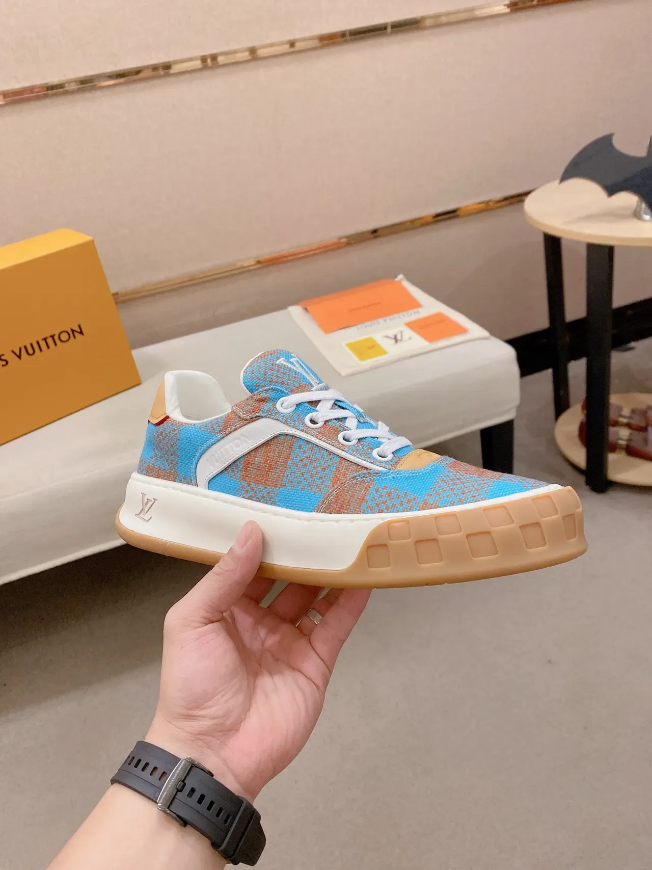 Louis Vuitton LV Trainer Blue Multicolor Checkered Textile Upper White Side Stripe Lifestyle Sneakers 4