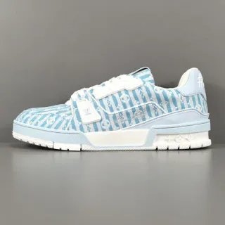 Louis Vuitton LV Trainer azul blanco Monogram Jacquard parte superior patrón rayado estilo de vida zapatillas