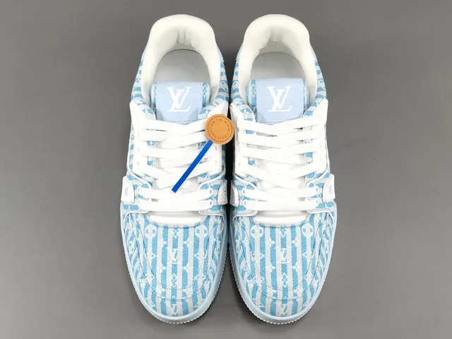 Louis Vuitton LV Trainer Blue White Monogram Jacquard Upper Striped Pattern Lifestyle Sneakers 16