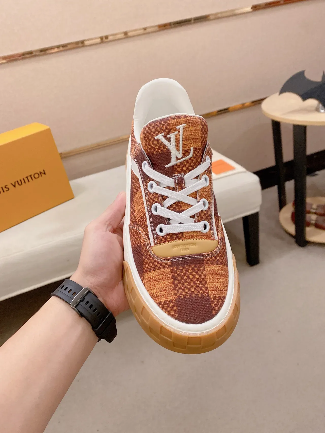 Louis Vuitton LV Trainer Brown Beige Monogram Canvas Upper Grid-Tread Gum Sole Lifestyle Sneakers 3