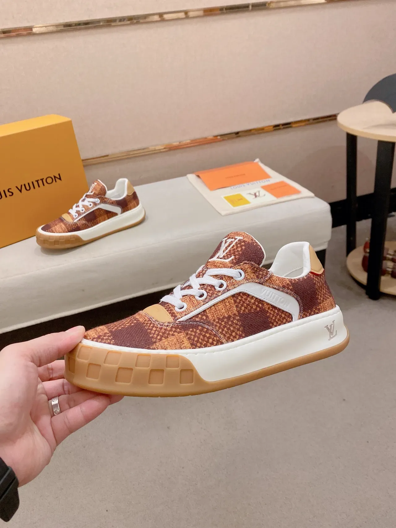Louis Vuitton LV Trainer Brown Beige Monogram Canvas Upper Grid-Tread Gum Sole Lifestyle Sneakers 4