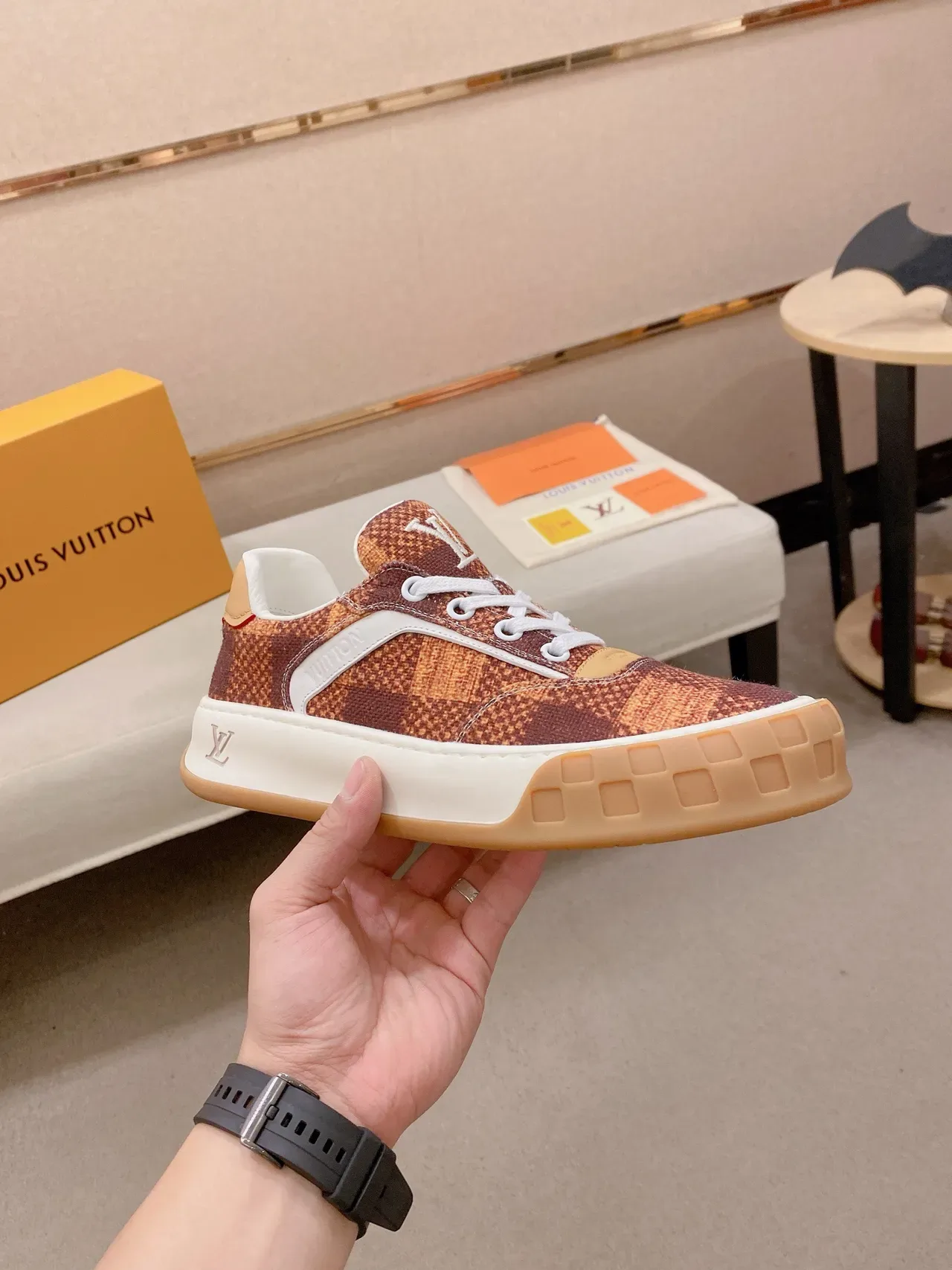 Louis Vuitton LV Trainer Brown Beige Monogram Canvas Upper Grid-Tread Gum Sole Lifestyle Sneakers 5
