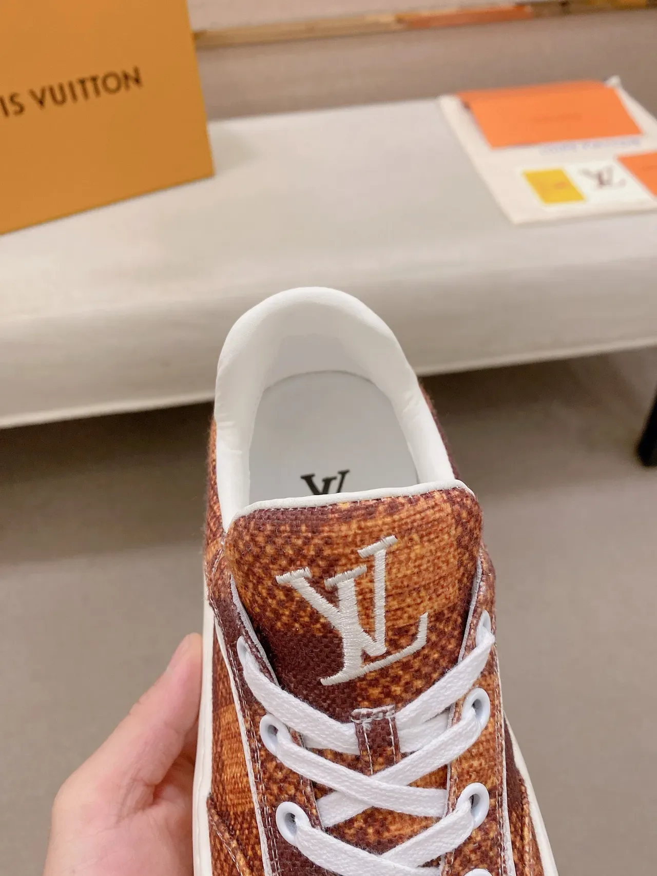 Louis Vuitton LV Trainer Brown Beige Monogram Canvas Upper Grid-Tread Gum Sole Lifestyle Sneakers 7