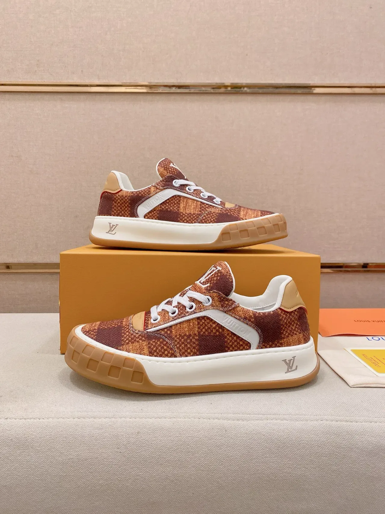 Louis Vuitton LV Trainer Brown Beige Monogram Canvas Upper Grid-Tread Gum Sole Lifestyle Sneakers 8
