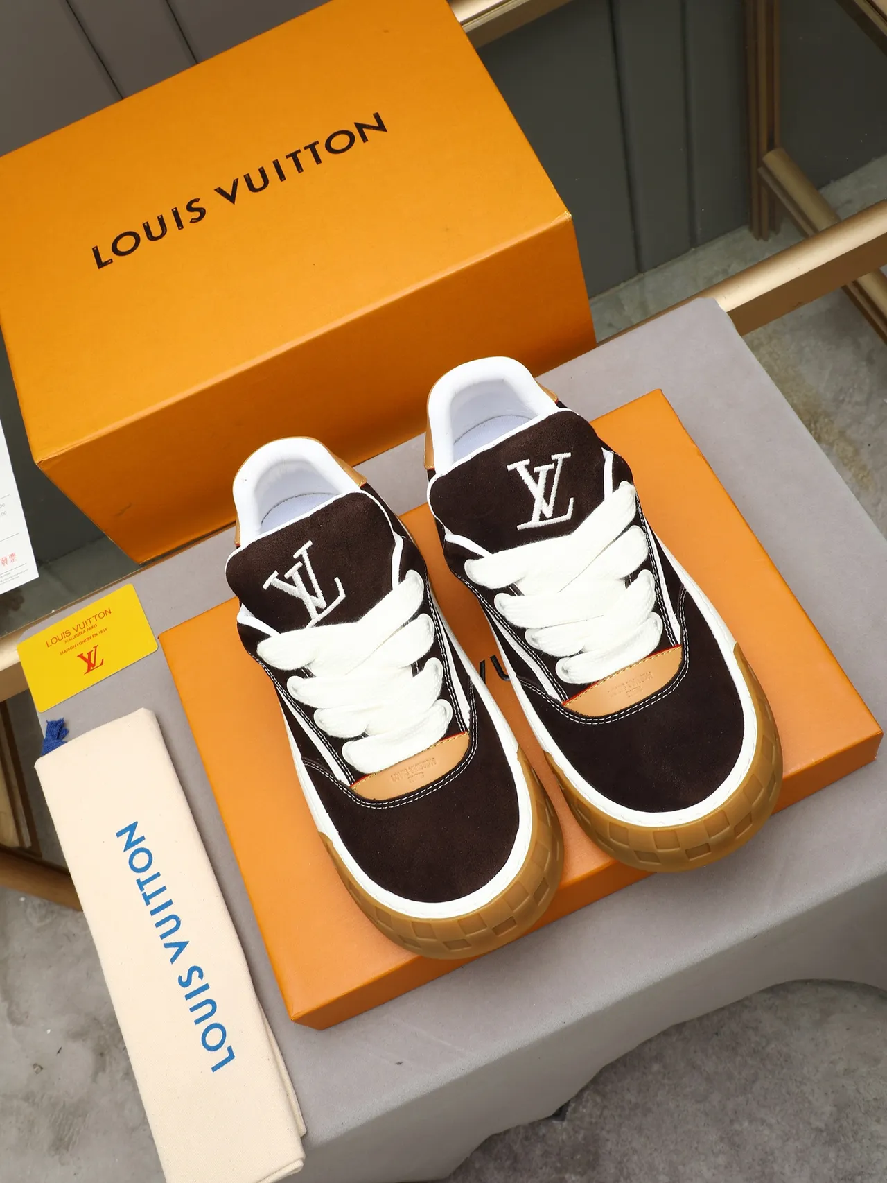 Louis Vuitton LV Trainer Brown Beige Suede Upper Contrast Stitching Lifestyle Sneakers 2