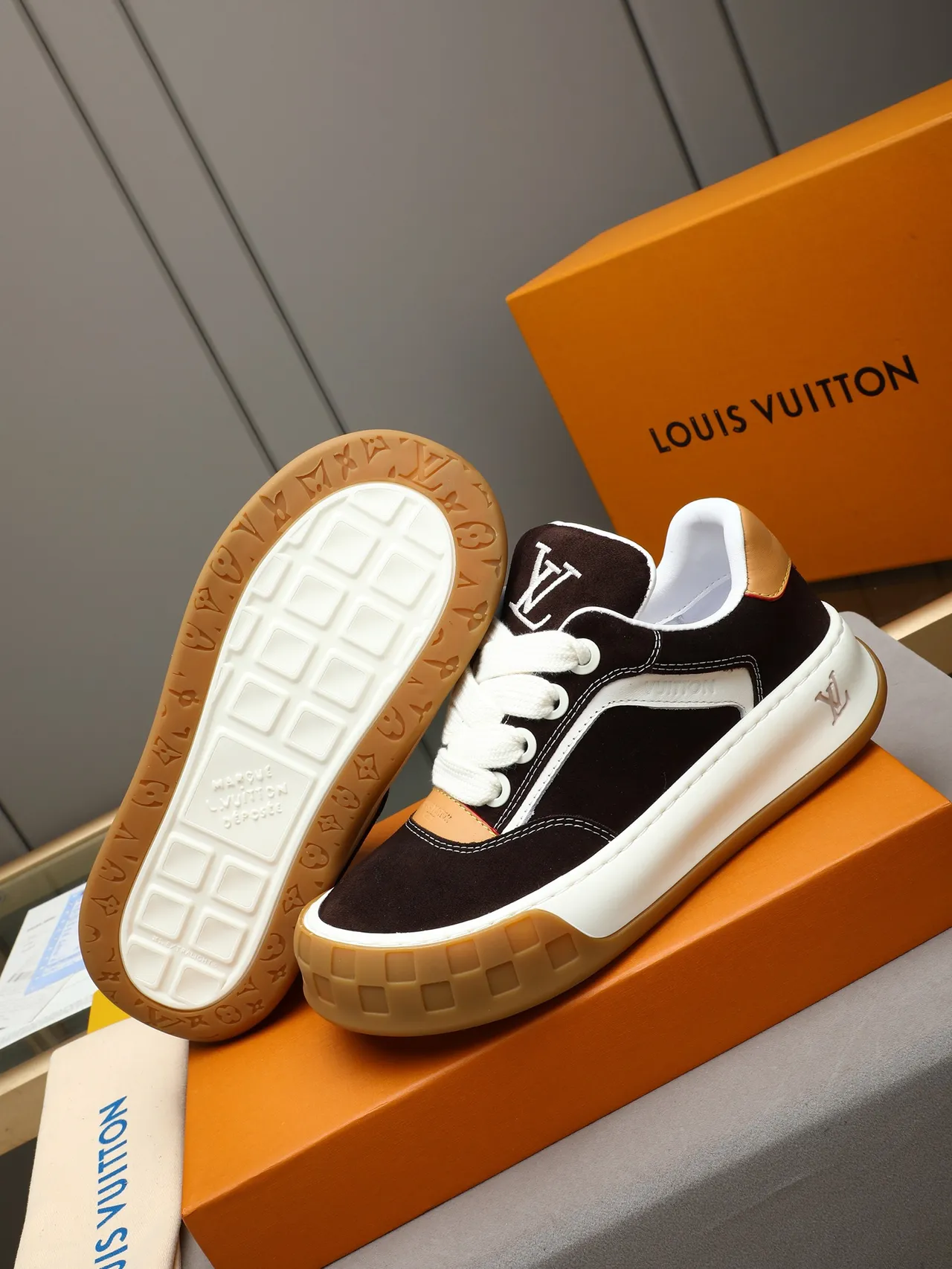 Louis Vuitton LV Trainer Brown Beige Suede Upper Contrast Stitching Lifestyle Sneakers 4