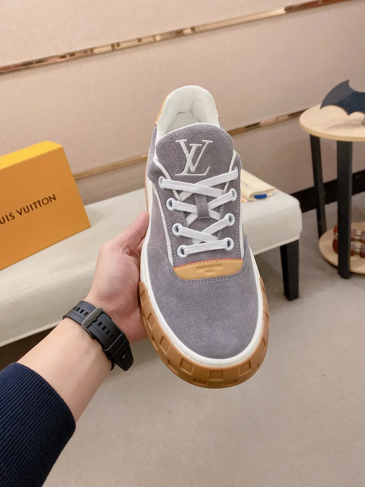 Louis Vuitton LV Trainer Gray Beige Suede Upper Sculpted White Midsole Lifestyle Sneakers 3