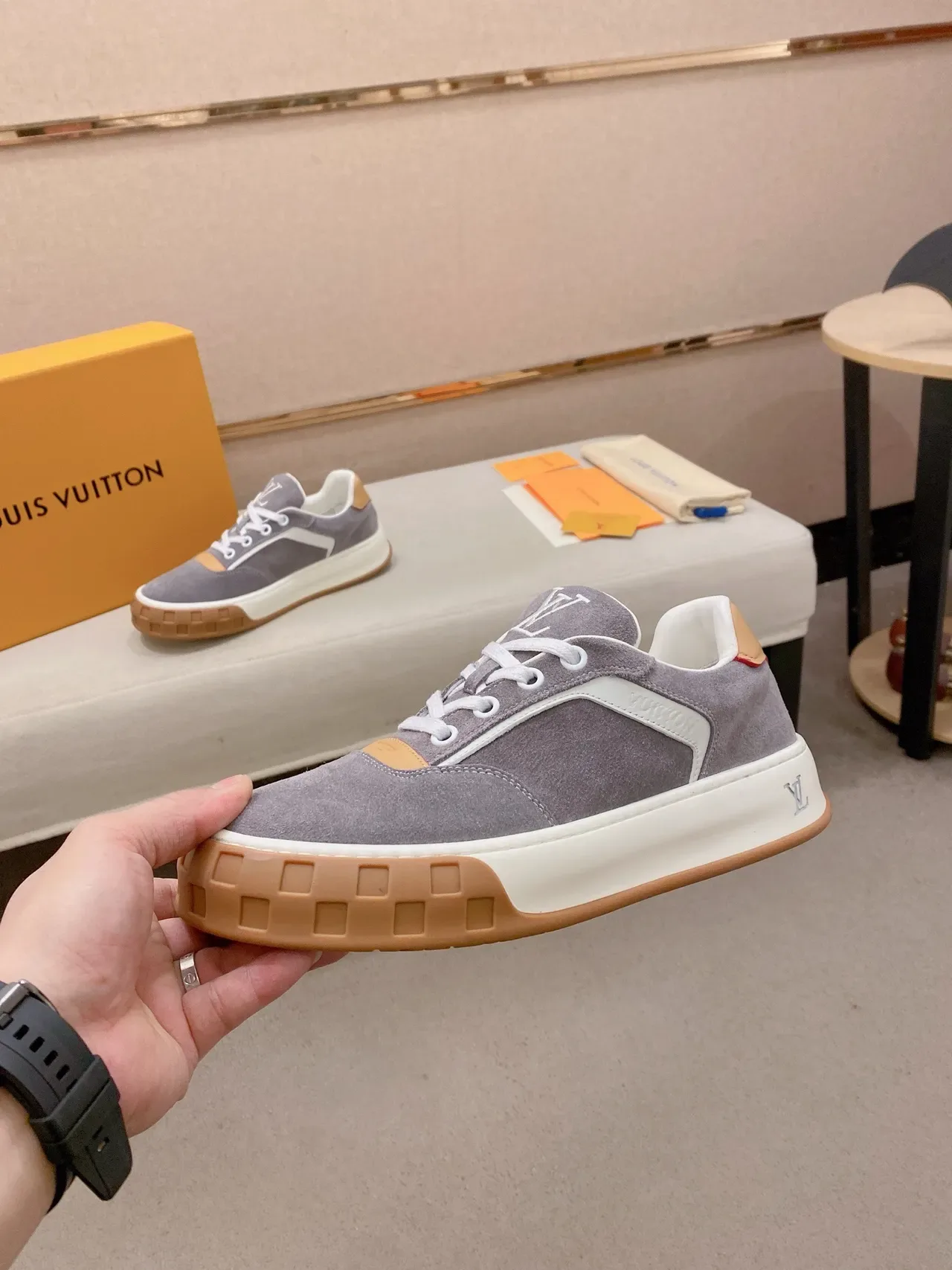 Louis Vuitton LV Trainer Gray Beige Suede Upper Sculpted White Midsole Lifestyle Sneakers 4