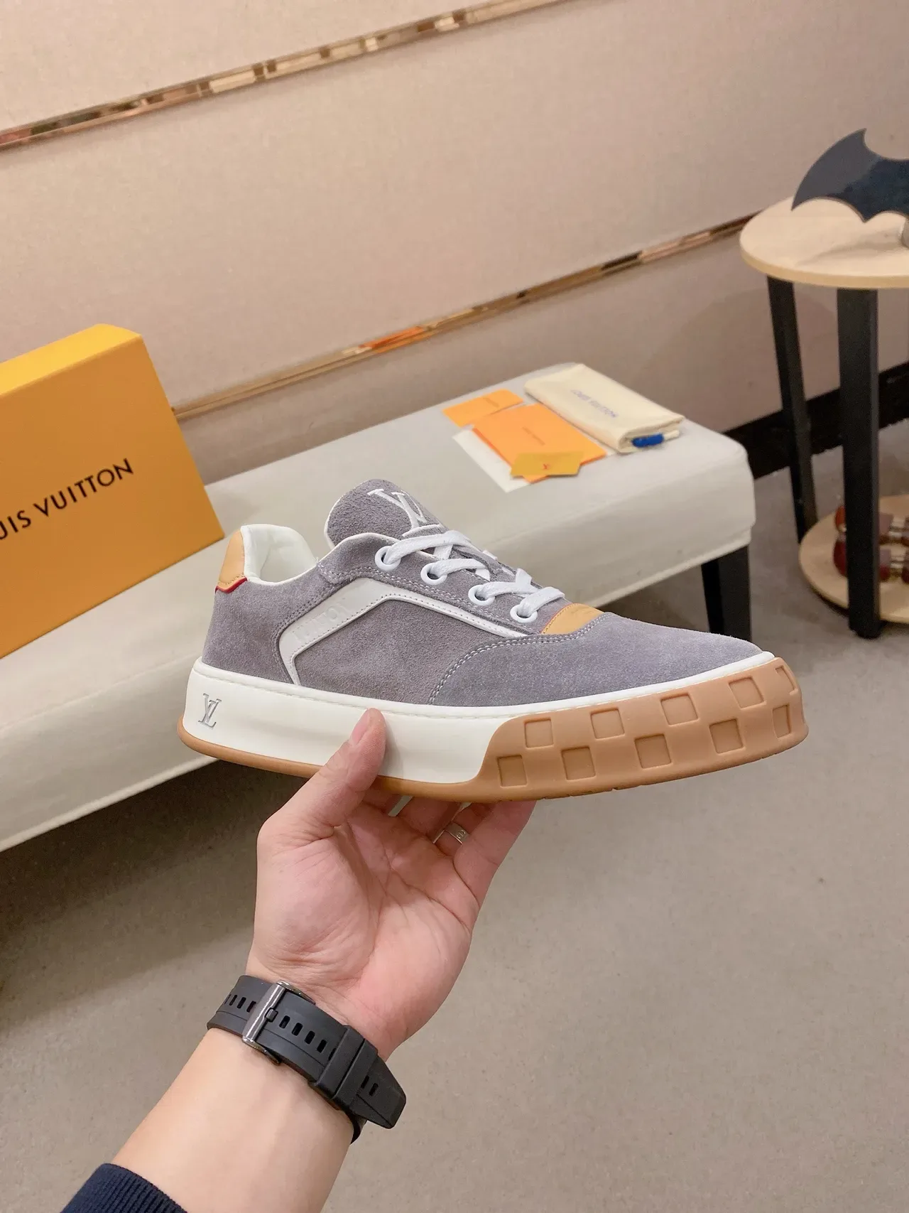 Louis Vuitton LV Trainer Gray Beige Suede Upper Sculpted White Midsole Lifestyle Sneakers 5