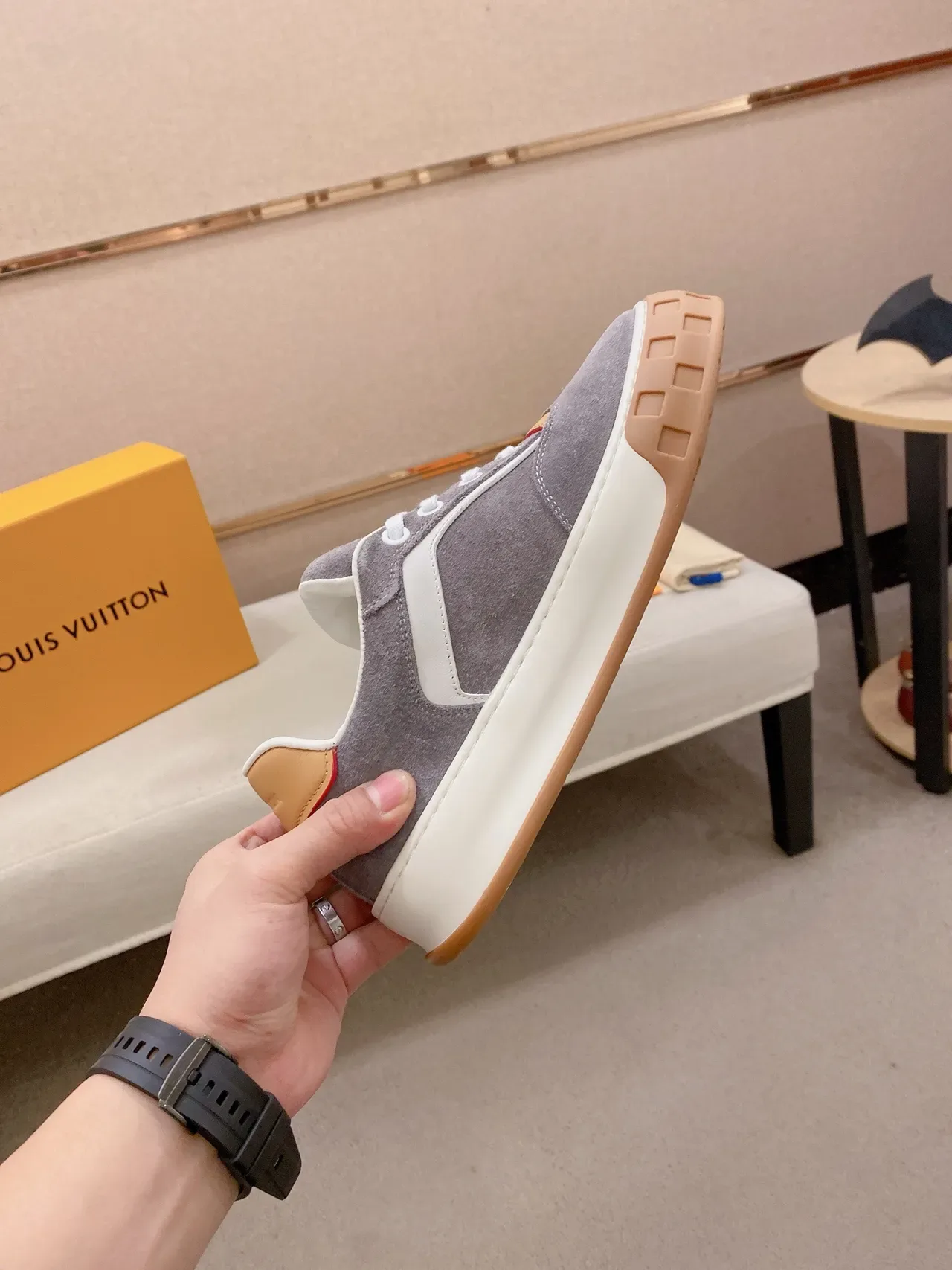 Louis Vuitton LV Trainer Gray Beige Suede Upper Sculpted White Midsole Lifestyle Sneakers 6