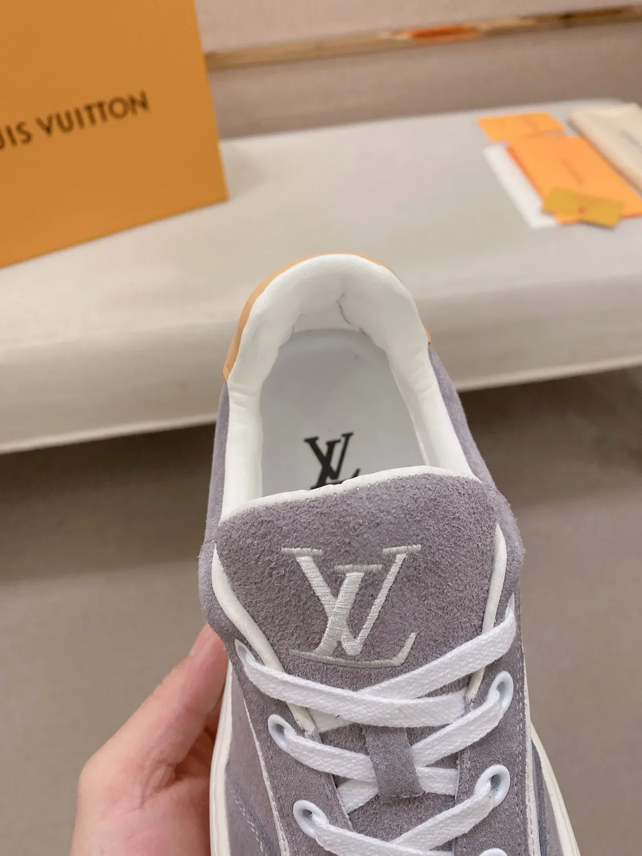 Louis Vuitton LV Trainer Gray Beige Suede Upper Sculpted White Midsole Lifestyle Sneakers 7