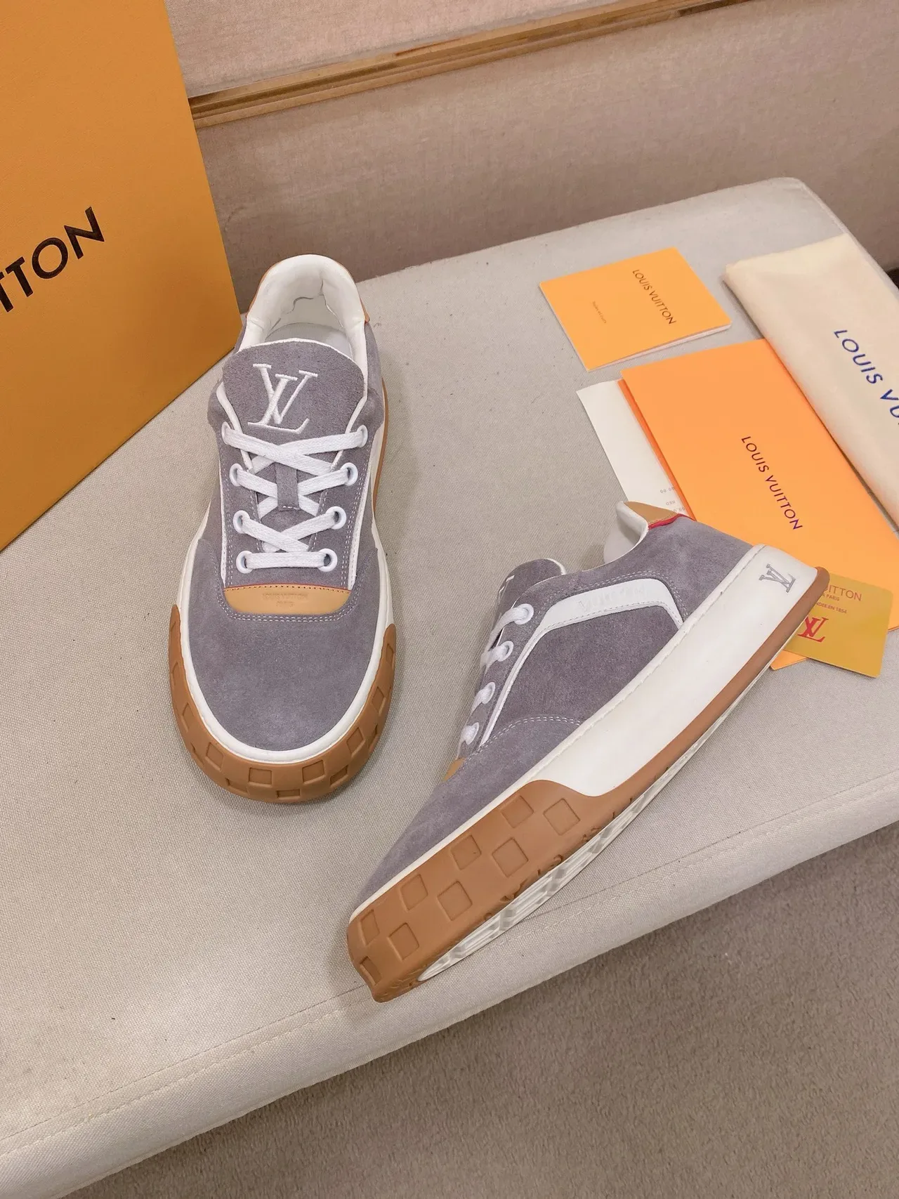 Louis Vuitton LV Trainer Gray Beige Suede Upper Sculpted White Midsole Lifestyle Sneakers 8
