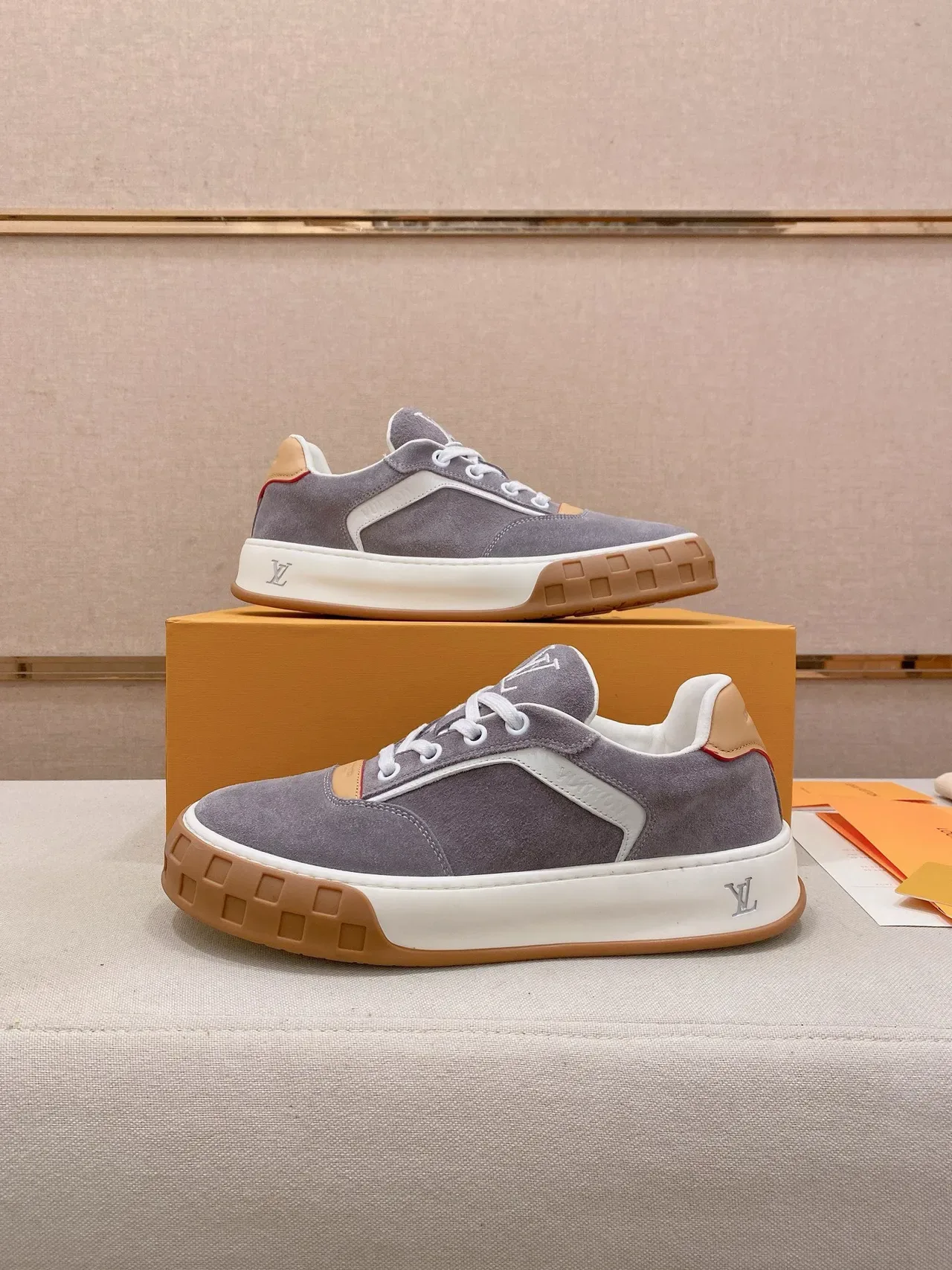 Louis Vuitton LV Trainer Gray Beige Suede Upper Sculpted White Midsole Lifestyle Sneakers 9