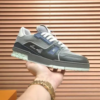 Louis Vuitton LV Trainer Gray Navy Layered Mesh And Leather Upper Cursive Script Branding Lifestyle Sneakers