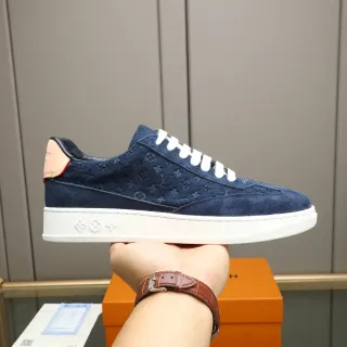 Louis Vuitton LV Trainer Navy White Monogrammed Suede Embossed Motifs On Sole Lifestyle Sneakers