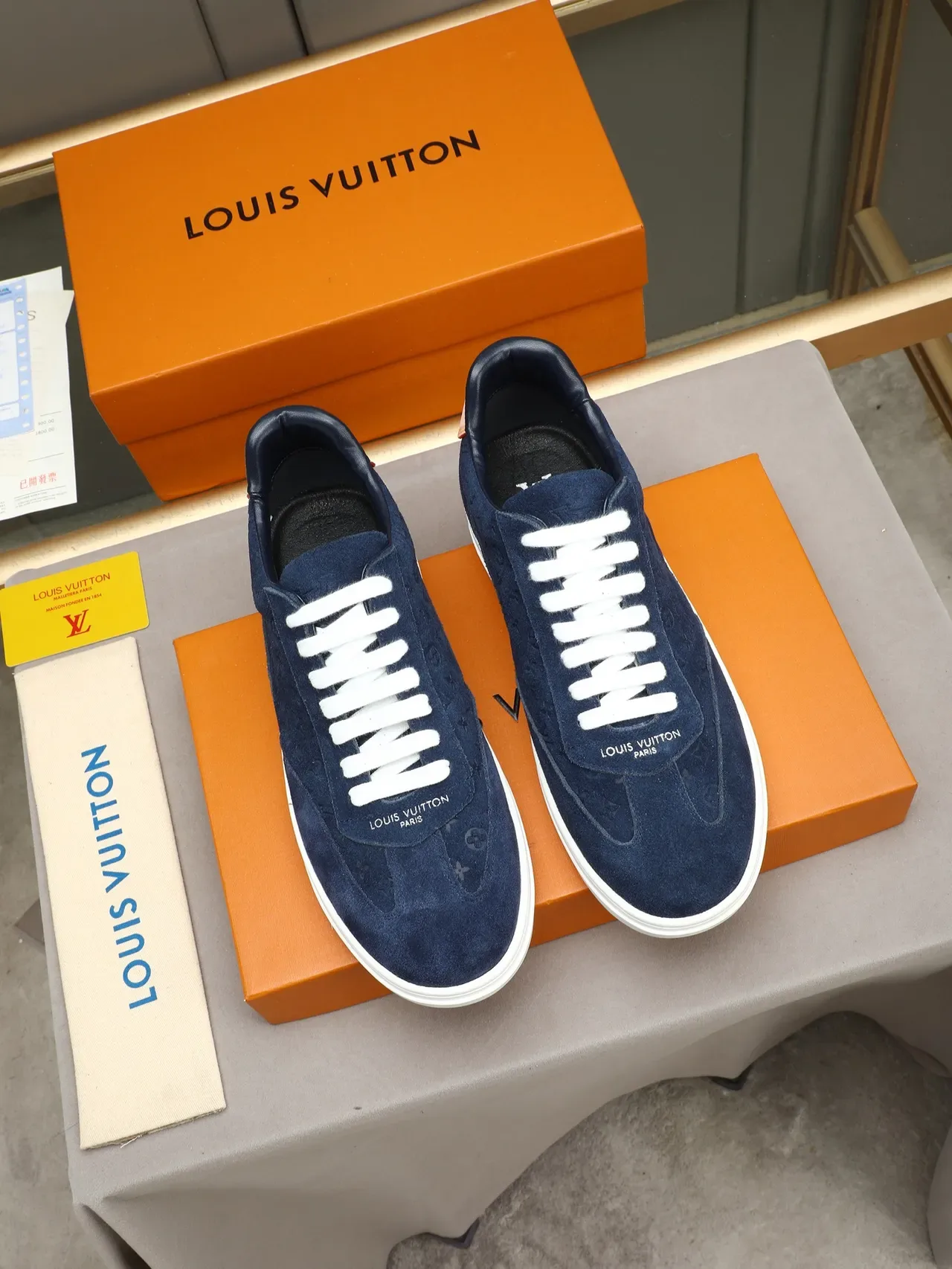 Louis Vuitton LV Trainer Navy White Monogrammed Suede Embossed Motifs On Sole Lifestyle Sneakers 3
