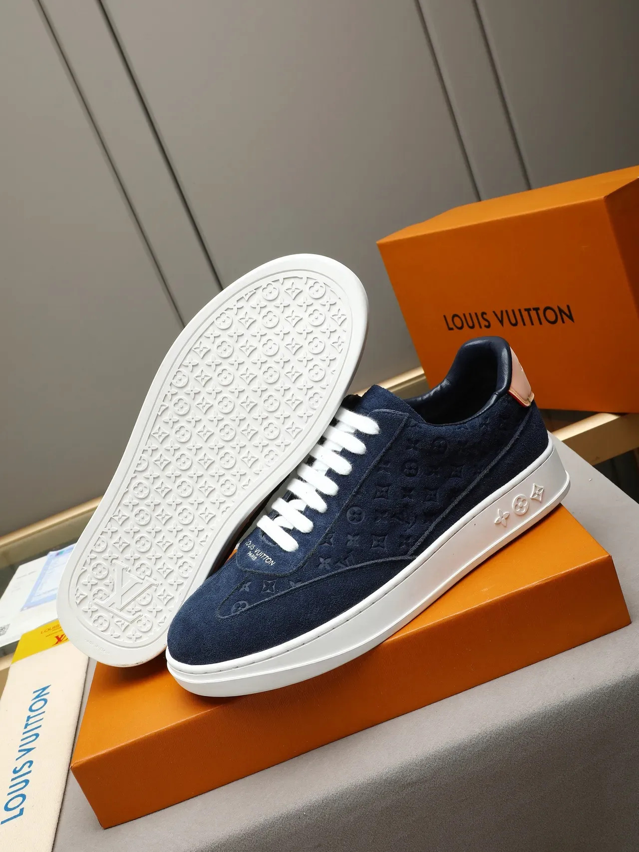 Louis Vuitton LV Trainer Navy White Monogrammed Suede Embossed Motifs On Sole Lifestyle Sneakers 4