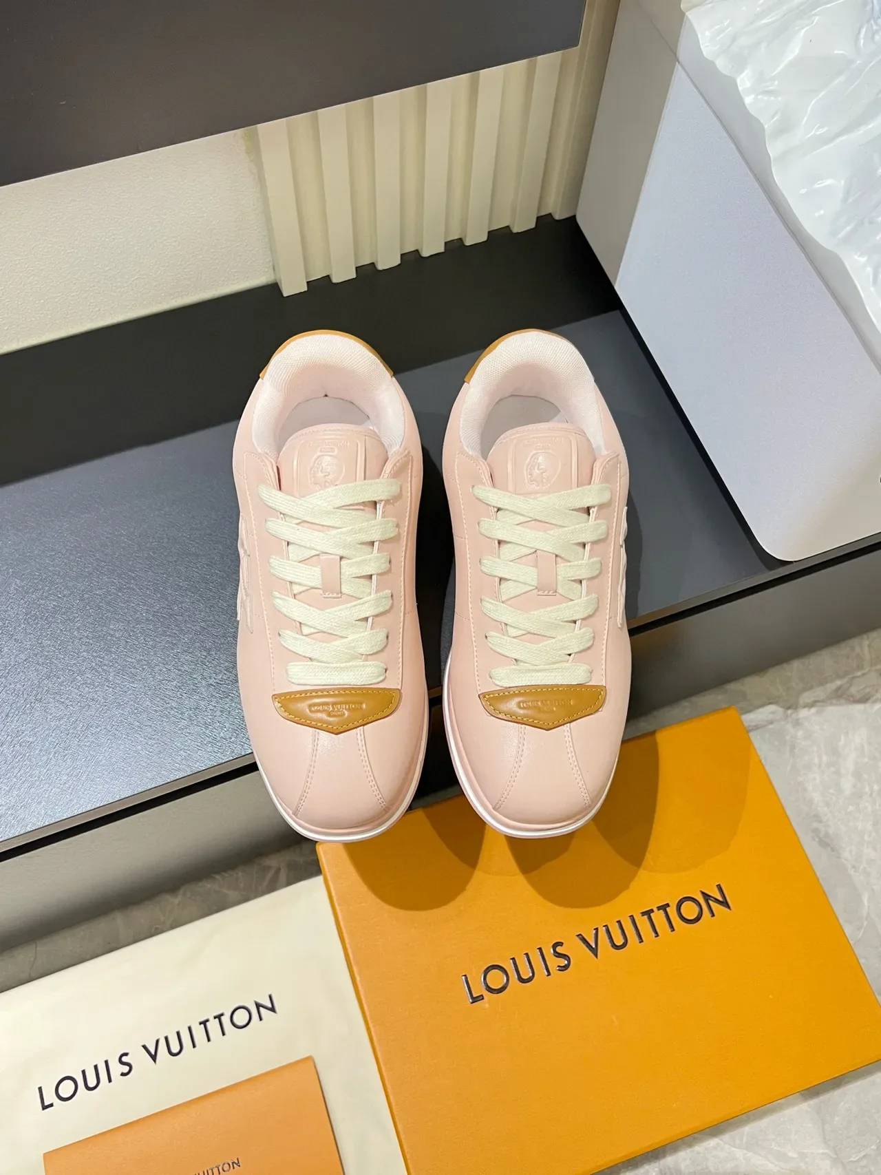Louis Vuitton LV Trainer Pink Beige Embossed Monogram Tonal Leather Lifestyle Sneakers 2