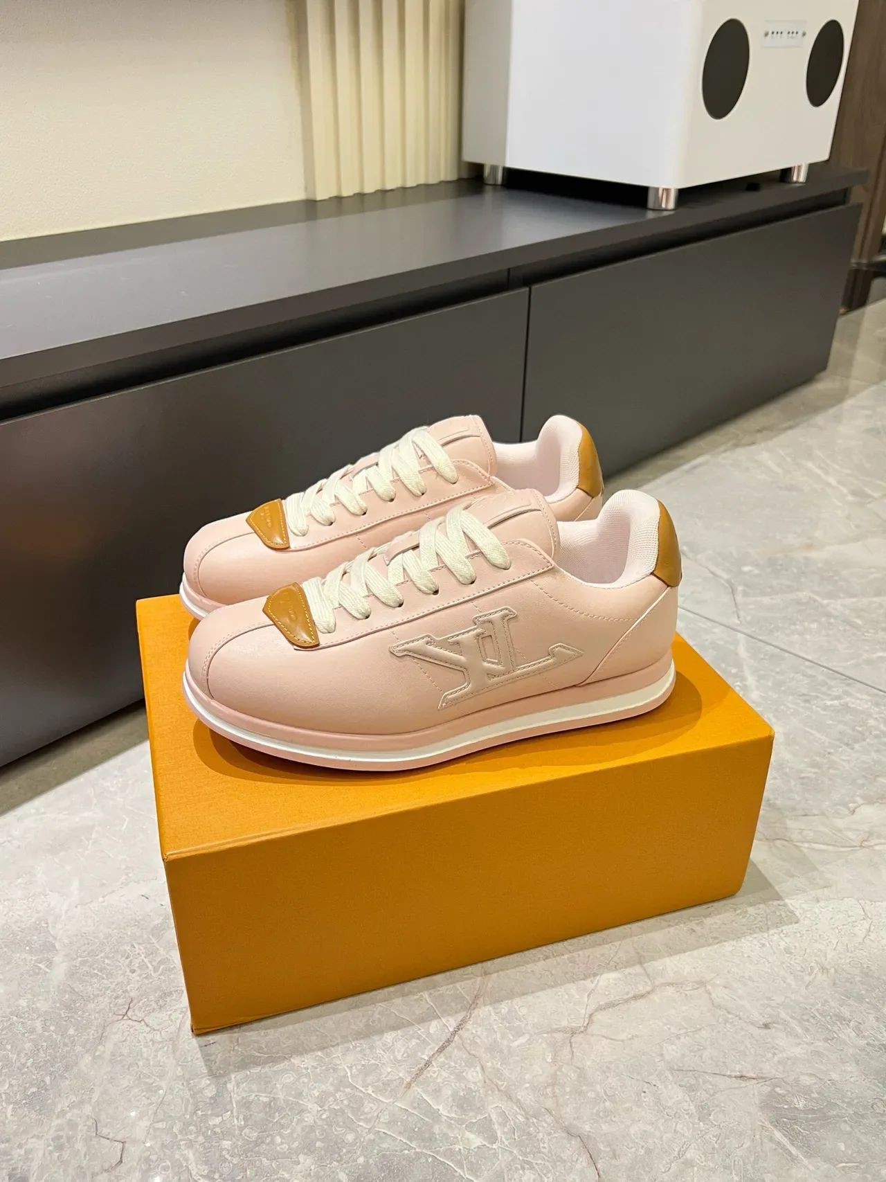 Louis Vuitton LV Trainer Pink Beige Embossed Monogram Tonal Leather Lifestyle Sneakers 3