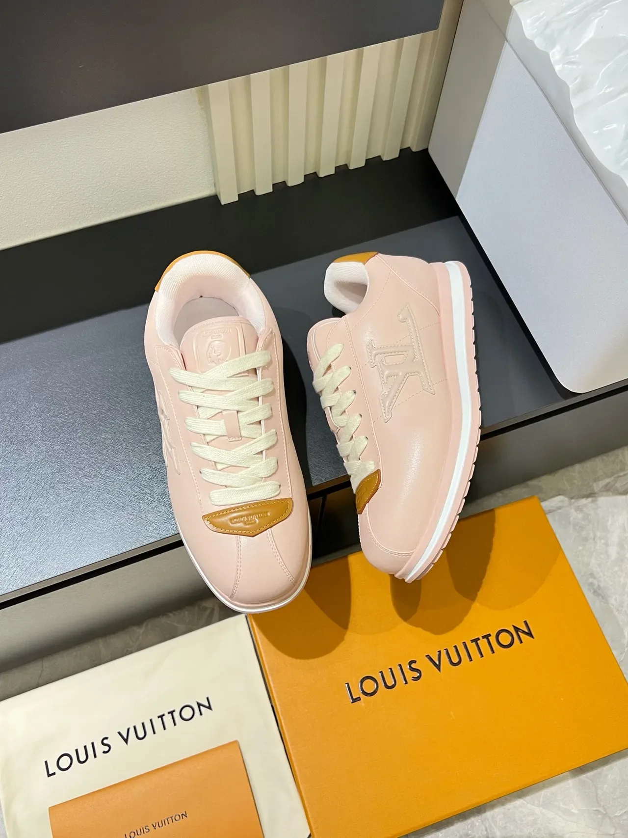 Louis Vuitton LV Trainer Pink Beige Embossed Monogram Tonal Leather Lifestyle Sneakers 4