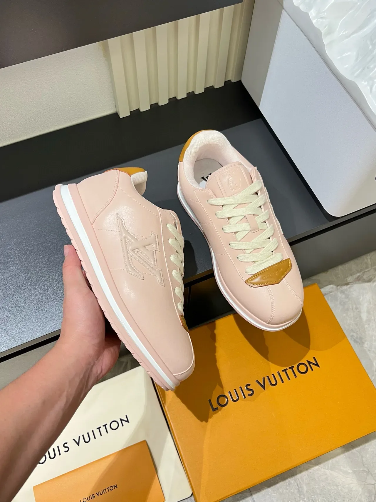 Louis Vuitton LV Trainer Pink Beige Embossed Monogram Tonal Leather Lifestyle Sneakers 6