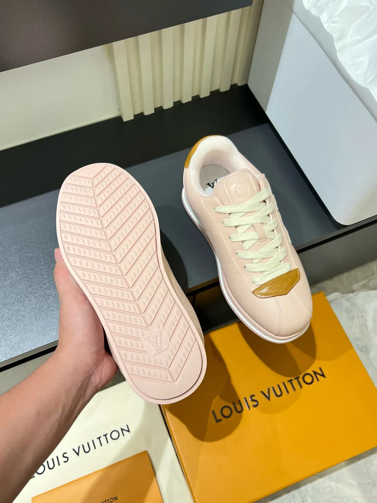 Louis Vuitton LV Trainer Pink Beige Embossed Monogram Tonal Leather Lifestyle Sneakers 7