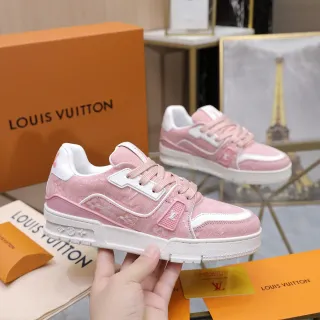 Louis Vuitton LV Trainer Pink White Denim-Textured Upper Monogram-Print Overlay Lifestyle Sneakers