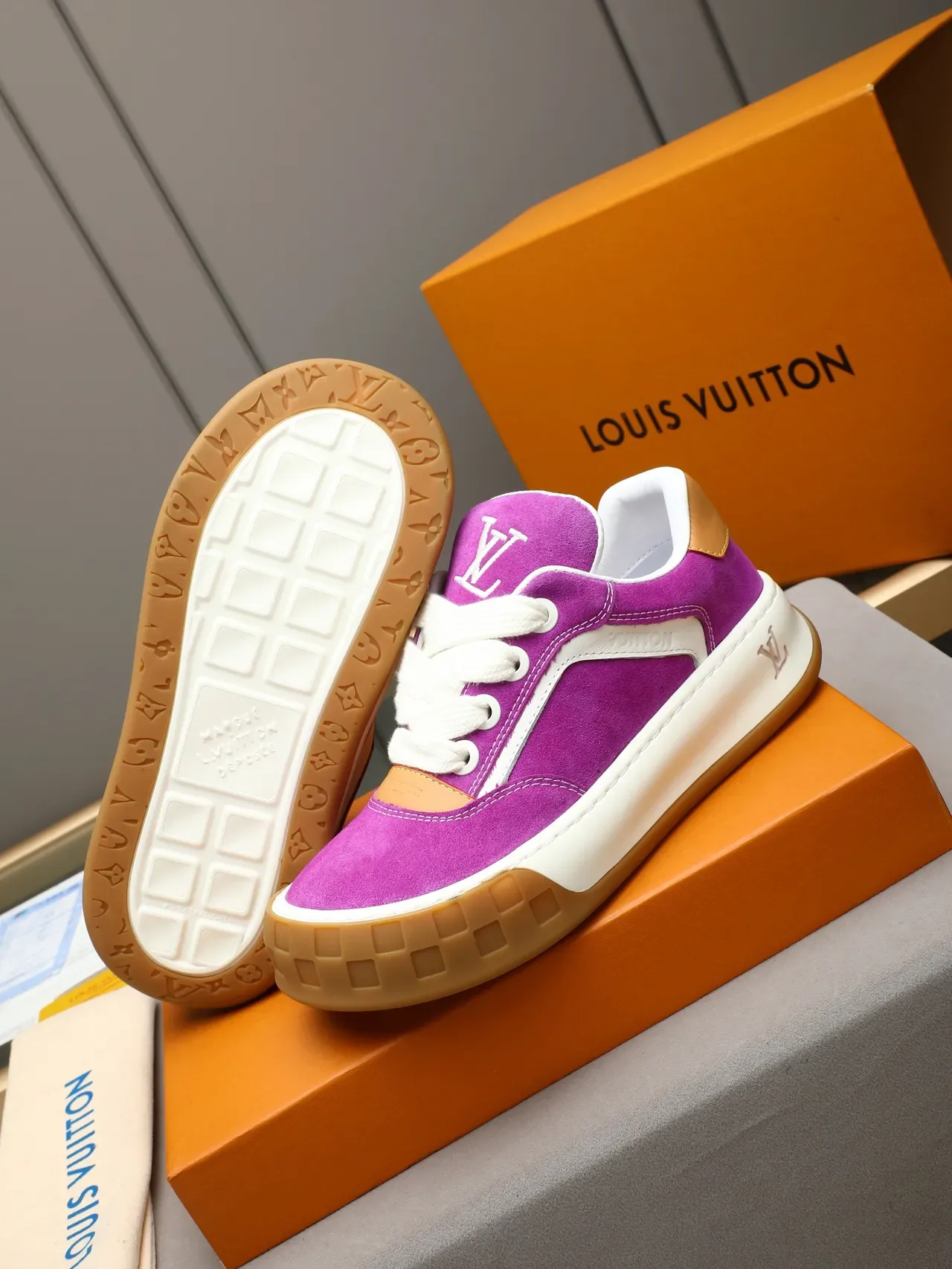Louis Vuitton LV Trainer Purple Beige Suede Upper Contrast White Side Stripe Lifestyle Sneakers 3