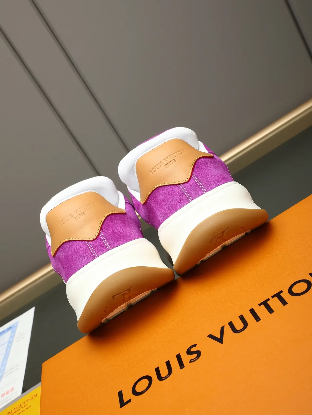 Louis Vuitton LV Trainer Purple Beige Suede Upper Contrast White Side Stripe Lifestyle Sneakers 4