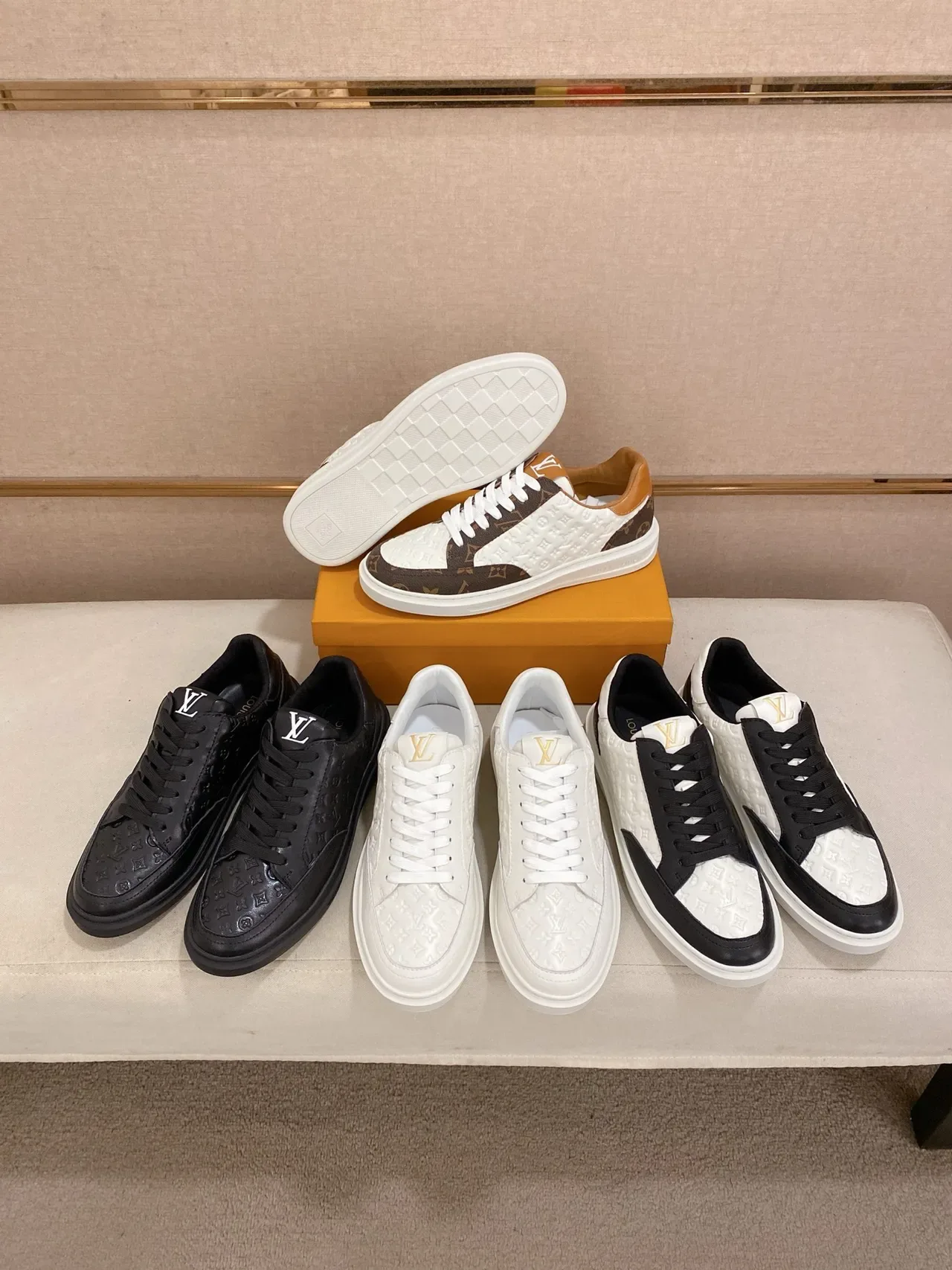Louis Vuitton LV Trainer White Black Monogram-Embossed Leather Two-Tone Panel Construction Lifestyle Sneakers 2