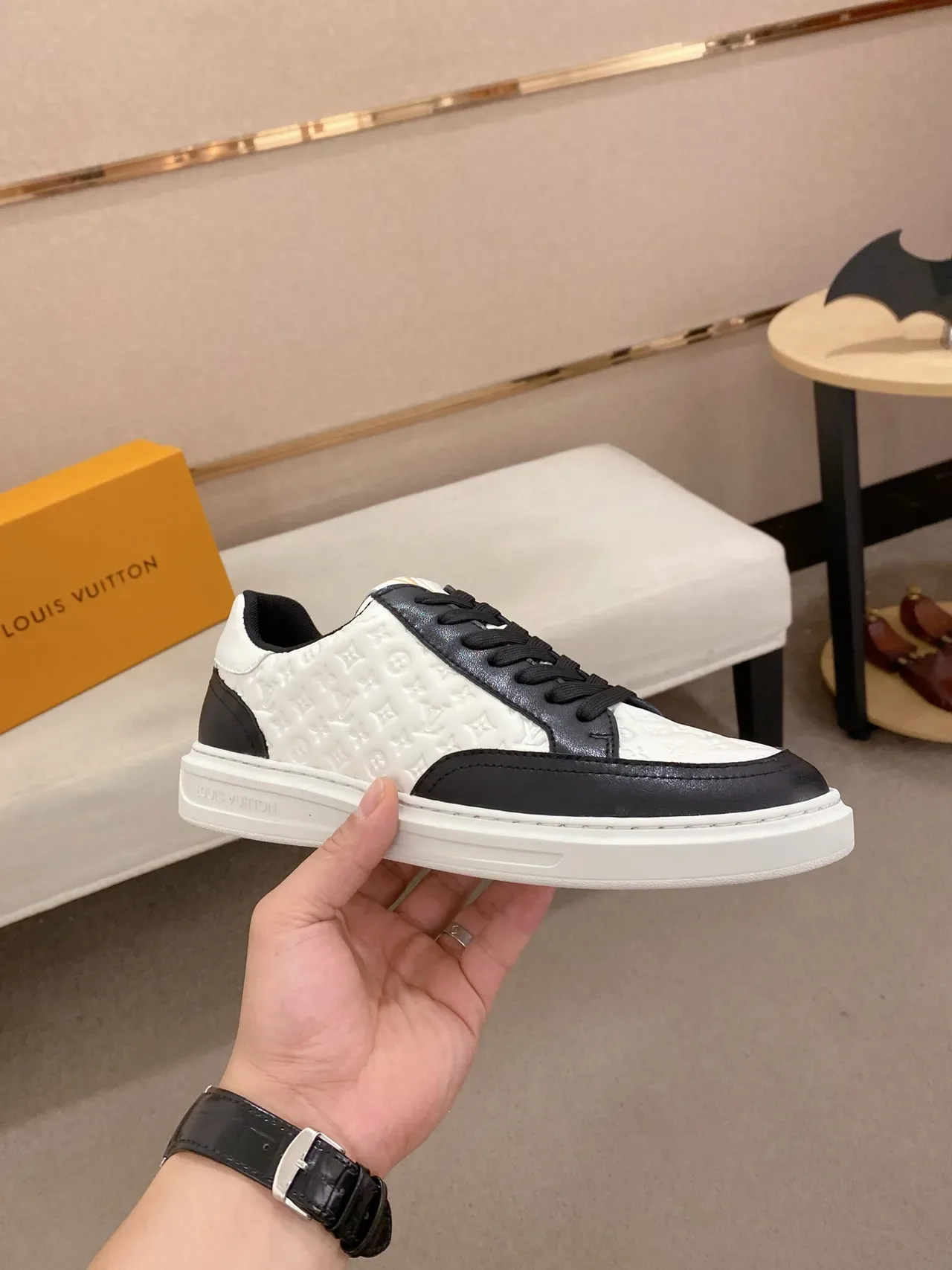 Louis Vuitton LV Trainer White Black Monogram-Embossed Leather Two-Tone Panel Construction Lifestyle Sneakers 5