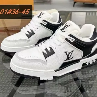Louis Vuitton LV Trainer Blanco Negro Piel Texturizada Superior Paneles Laterales Monogramados Zapatillas Lifestyle