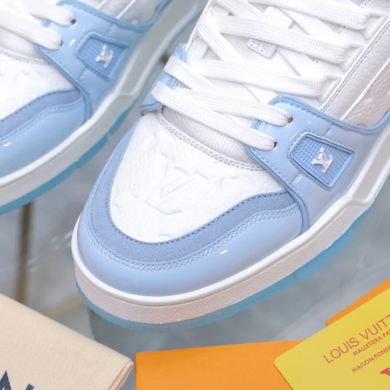 Louis Vuitton LV Trainer White Blue Embossed Monogram Leather Light Patent Overlays Lifestyle Sneakers 2