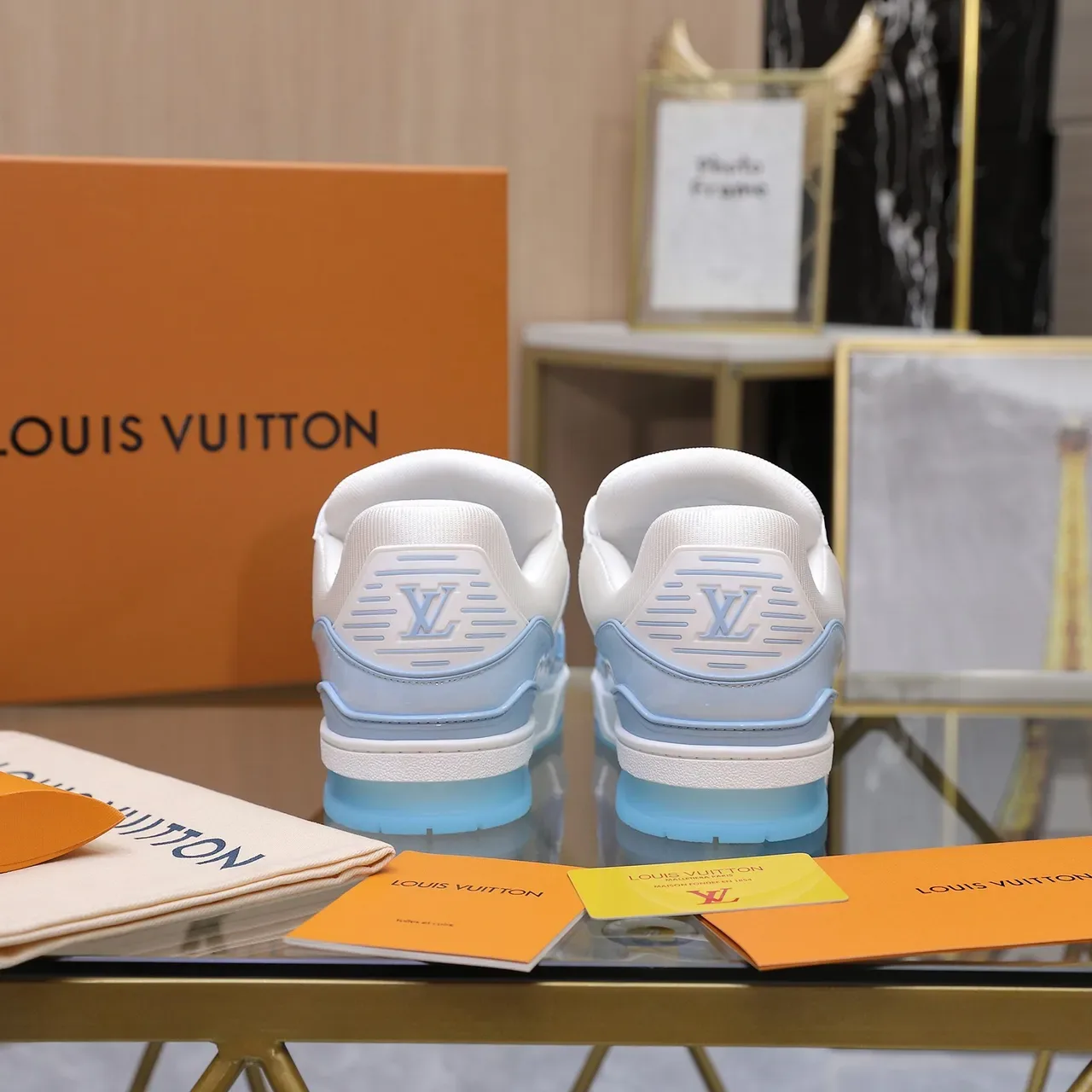 Louis Vuitton LV Trainer White Blue Embossed Monogram Leather Light Patent Overlays Lifestyle Sneakers 3