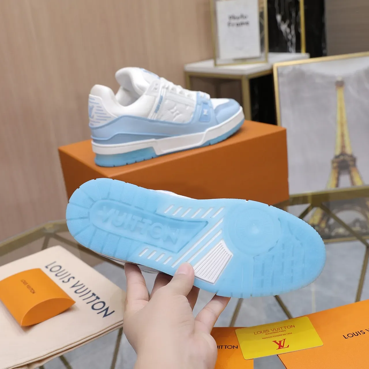 Louis Vuitton LV Trainer White Blue Embossed Monogram Leather Light Patent Overlays Lifestyle Sneakers 4