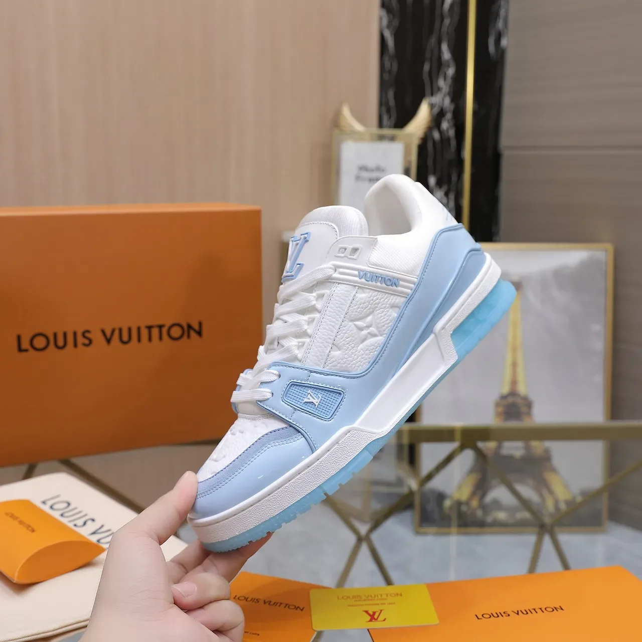 Louis Vuitton LV Trainer White Blue Embossed Monogram Leather Light Patent Overlays Lifestyle Sneakers 5